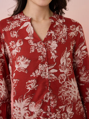 Latin Quarters Women's Rust Printed Mandarin Neck 3/4th Sleeves Casual Tunic
