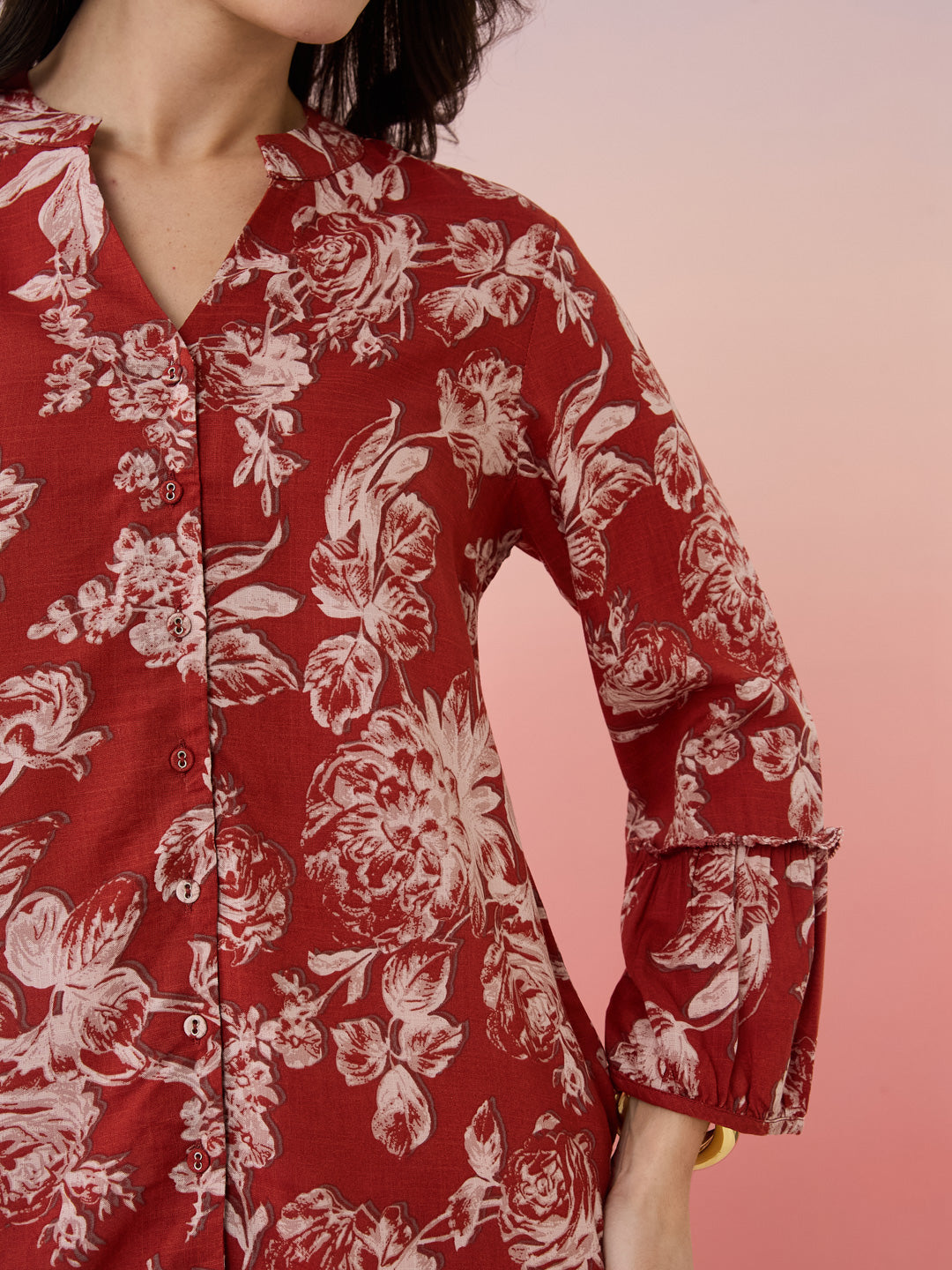 Latin Quarters Women's Rust Printed Mandarin Neck 3/4th Sleeves Casual Tunic