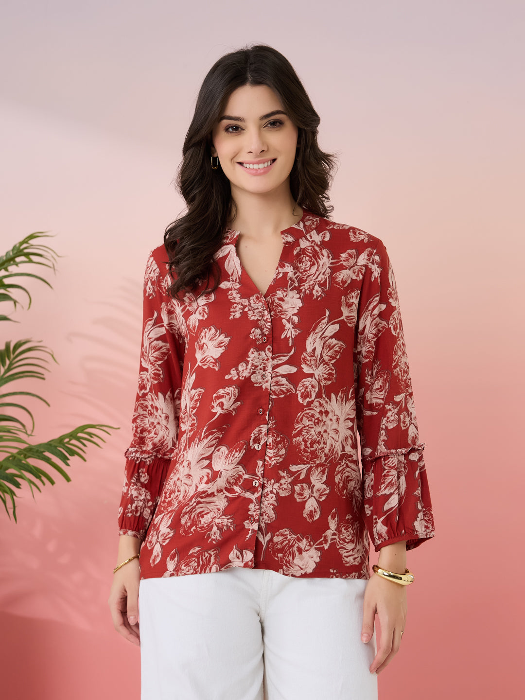Latin Quarters Women's Rust Printed Mandarin Neck 3/4th Sleeves Casual Tunic