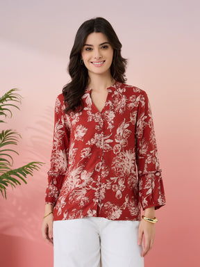 Latin Quarters Women's Rust Printed Mandarin Neck 3/4th Sleeves Casual Tunic