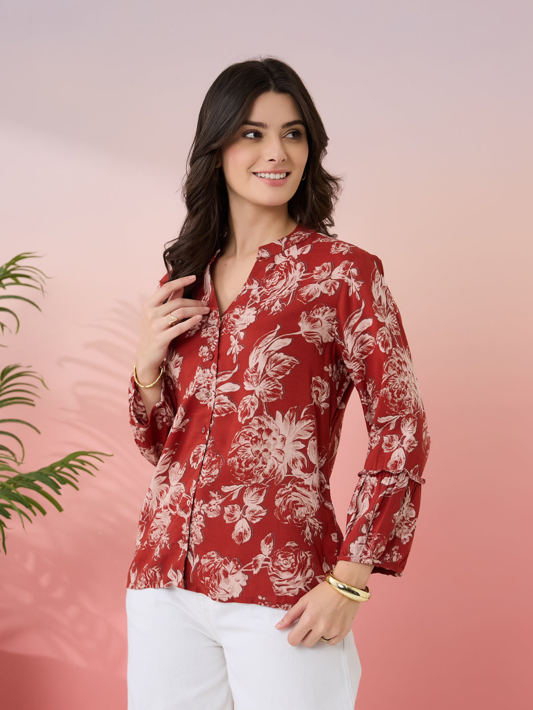 Latin Quarters Women's Rust Printed Mandarin Neck 3/4th Sleeves Casual Tunic