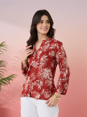 Latin Quarters Women's Rust Printed Mandarin Neck 3/4th Sleeves Casual Tunic