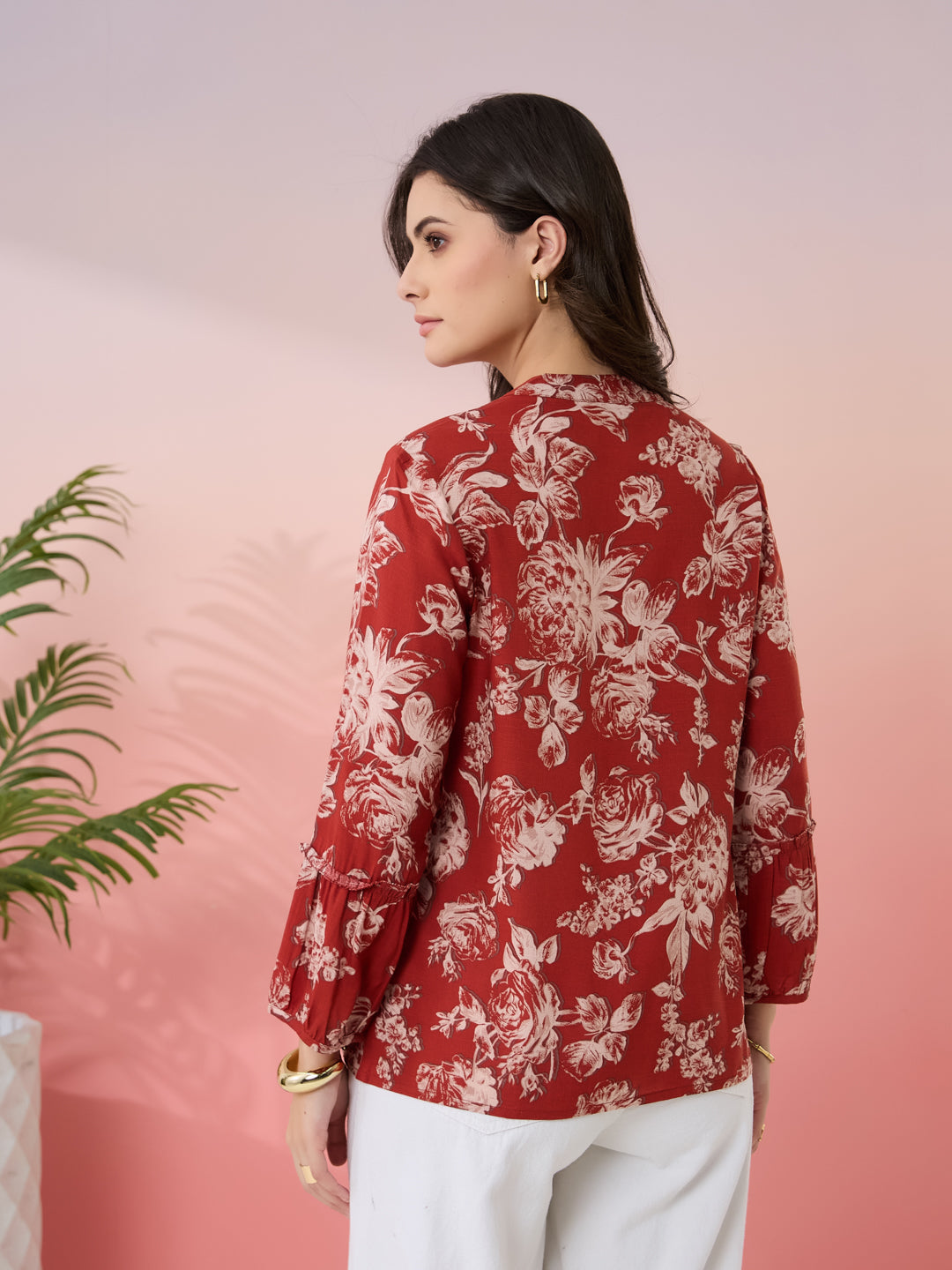 Latin Quarters Women's Rust Printed Mandarin Neck 3/4th Sleeves Casual Tunic