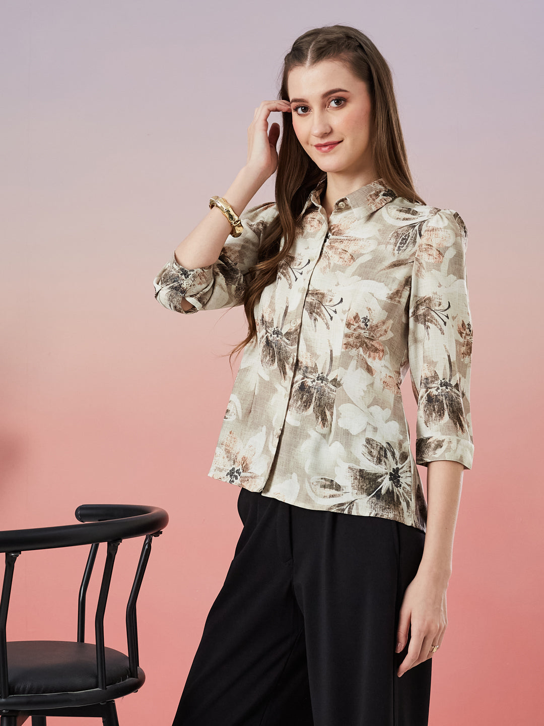 Latin Quarters Women's Beige Printed 3/4th Sleeve Collar Neck Casual Shirt