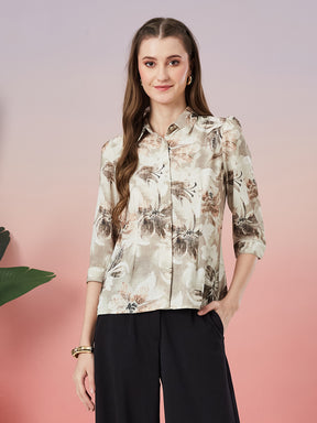 Latin Quarters Women's Beige Printed 3/4th Sleeve Collar Neck Casual Shirt