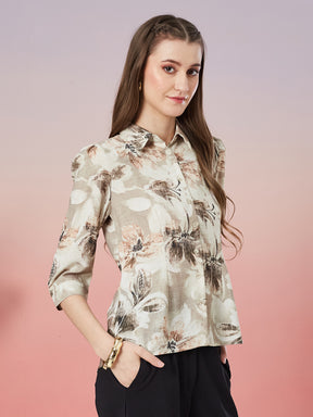Latin Quarters Women's Beige Printed 3/4th Sleeve Collar Neck Casual Shirt