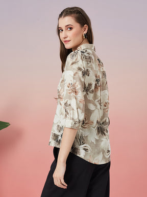 Latin Quarters Women's Beige Printed 3/4th Sleeve Collar Neck Casual Shirt