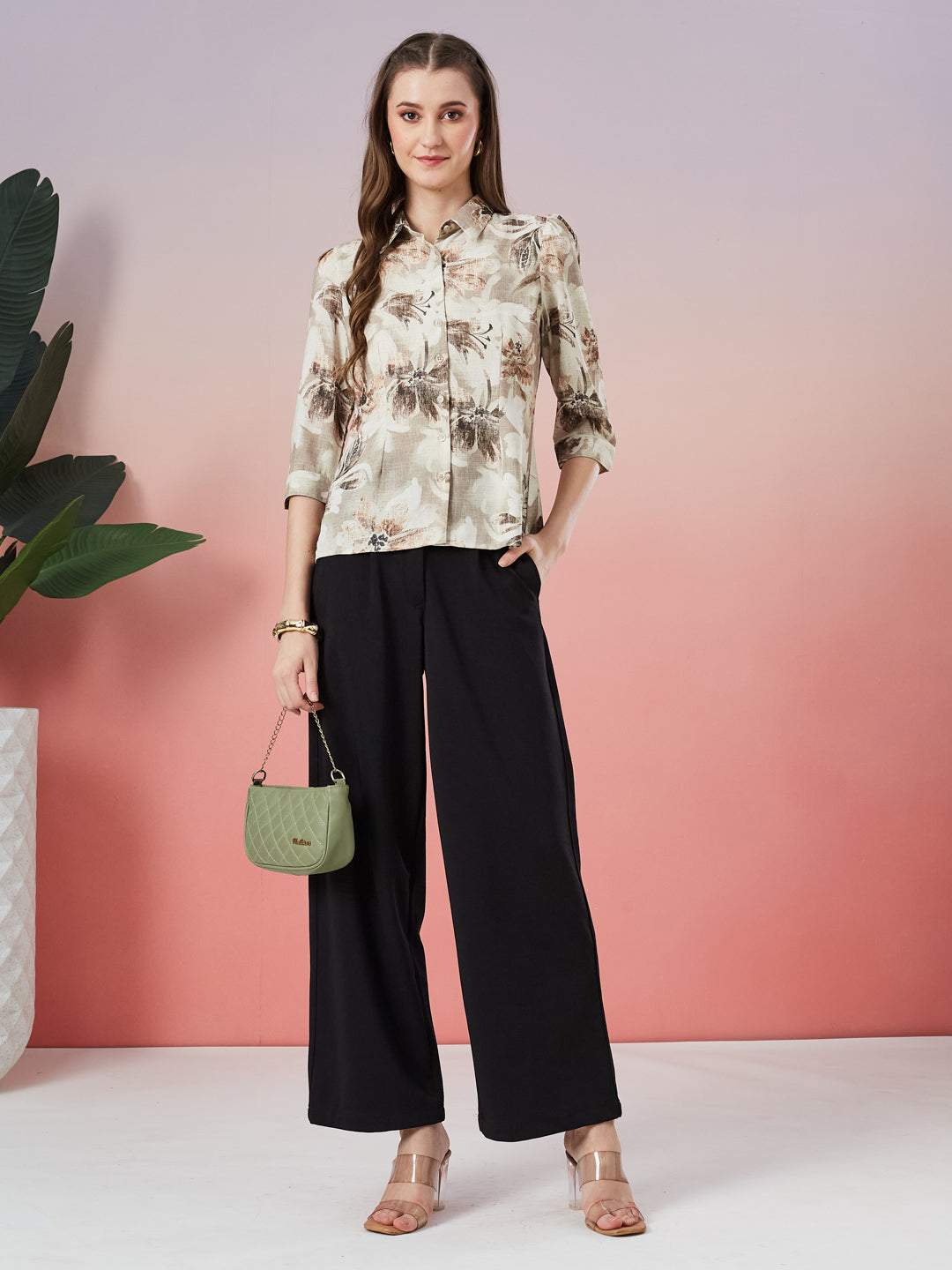 Latin Quarters Women's Beige Printed 3/4th Sleeve Collar Neck Casual Shirt
