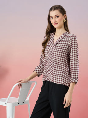Latin Quarters Women's Maroon Checkered 3/4th Sleeve V-Neck Casual Top
