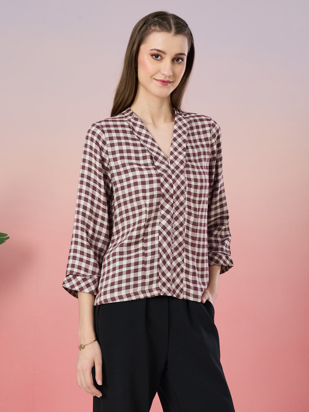 Latin Quarters Women's Maroon Checkered 3/4th Sleeve V-Neck Casual Top