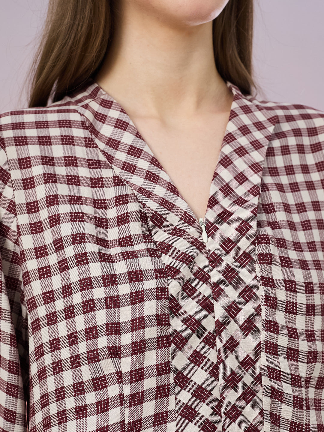 Latin Quarters Women's Maroon Checkered 3/4th Sleeve V-Neck Casual Top