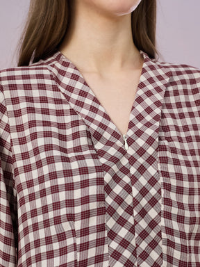 Latin Quarters Women's Maroon Checkered 3/4th Sleeve V-Neck Casual Top