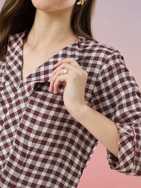 Latin Quarters Women's Maroon Checkered 3/4th Sleeve V-Neck Casual Top