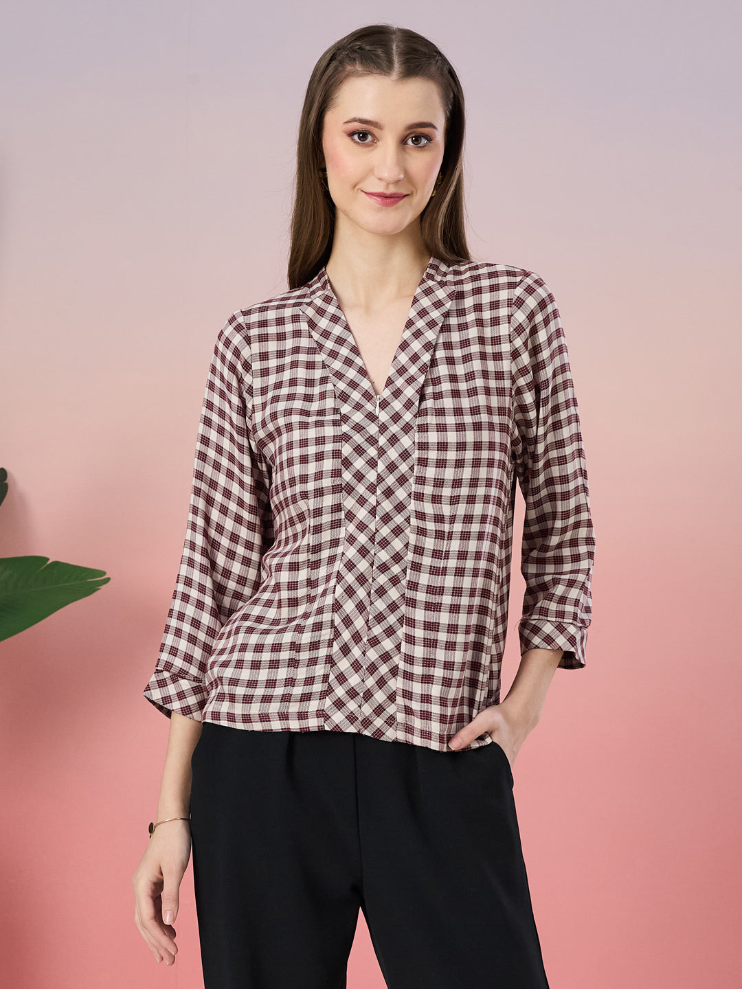 Latin Quarters Women's Maroon Checkered 3/4th Sleeve V-Neck Casual Top