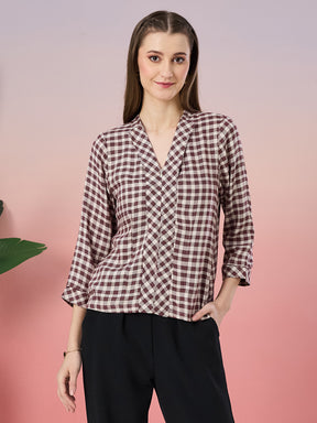 Latin Quarters Women's Maroon Checkered 3/4th Sleeve V-Neck Casual Top
