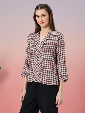 Latin Quarters Women's Maroon Checkered 3/4th Sleeve V-Neck Casual Top