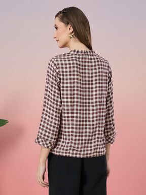 Latin Quarters Women's Maroon Checkered 3/4th Sleeve V-Neck Casual Top
