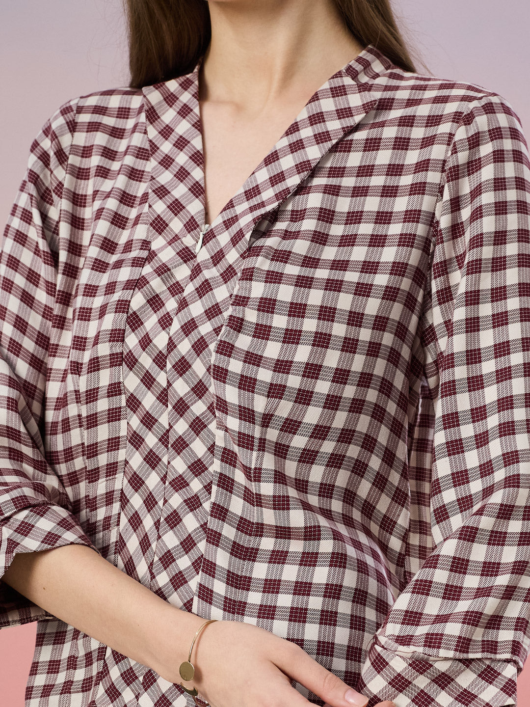 Latin Quarters Women's Maroon Checkered 3/4th Sleeve V-Neck Casual Top