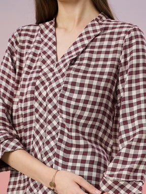 Latin Quarters Women's Maroon Checkered 3/4th Sleeve V-Neck Casual Top