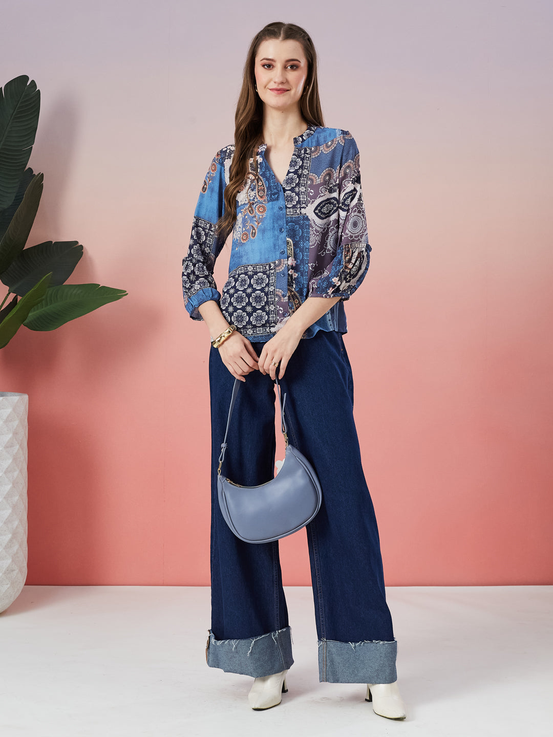 Latin Quarters Women's Blue Printed 3/4th Sleeve Mandarin Neck Casual Shirt