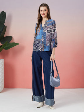 Latin Quarters Women's Blue Printed 3/4th Sleeve Mandarin Neck Casual Shirt
