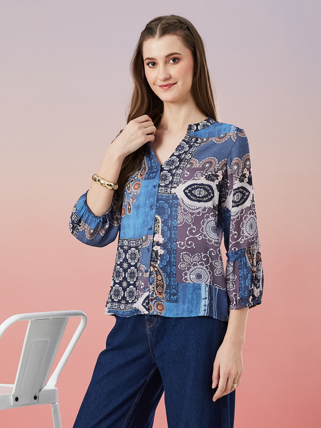Latin Quarters Women's Blue Printed 3/4th Sleeve Mandarin Neck Casual Shirt