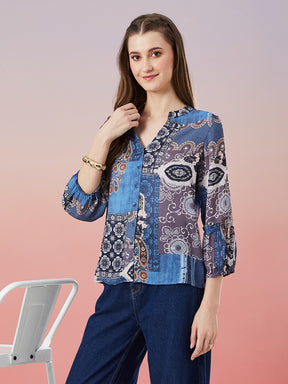 Latin Quarters Women's Blue Printed 3/4th Sleeve Mandarin Neck Casual Shirt
