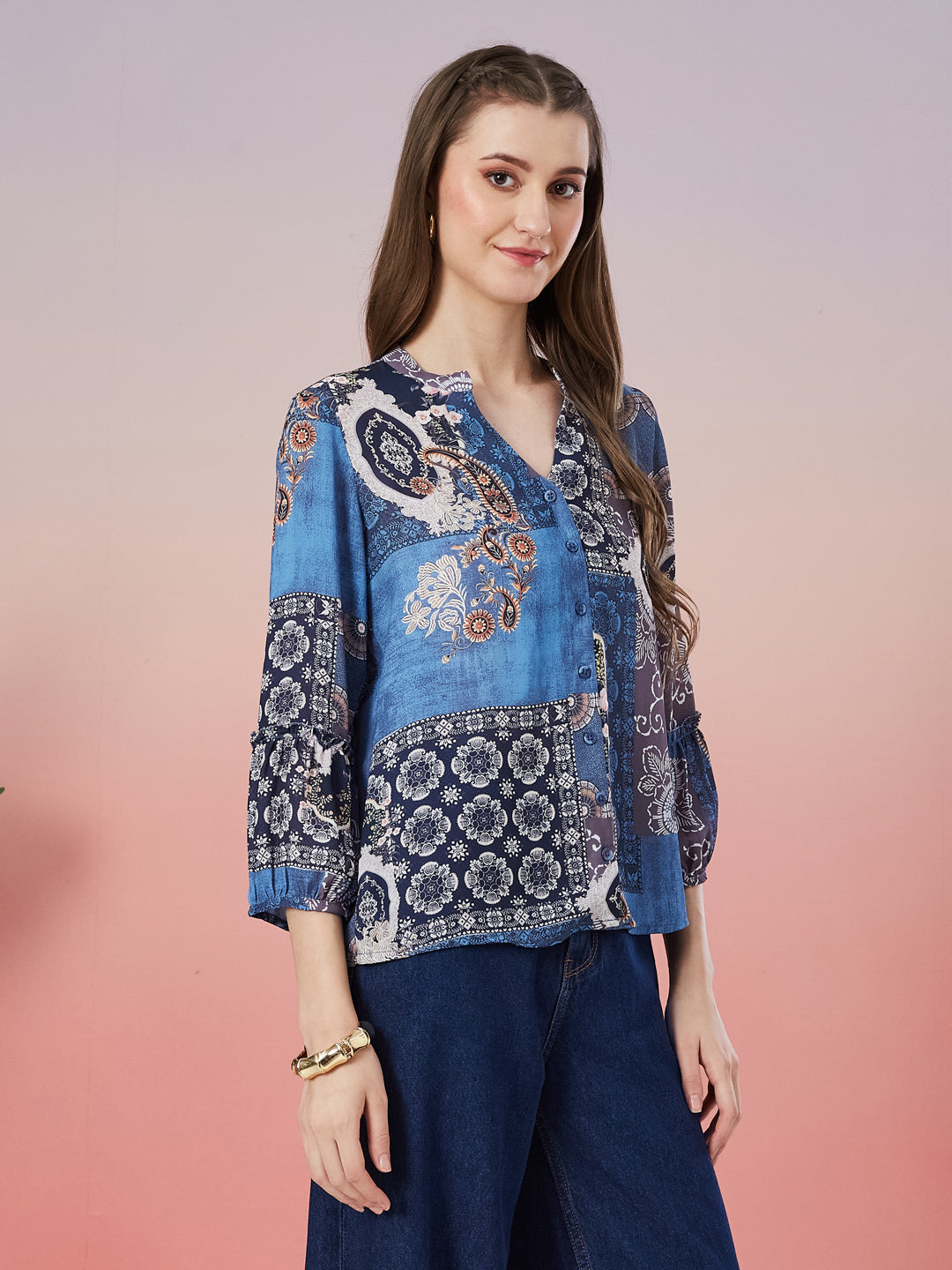 Latin Quarters Women's Blue Printed 3/4th Sleeve Mandarin Neck Casual Shirt