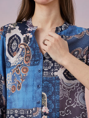 Latin Quarters Women's Blue Printed 3/4th Sleeve Mandarin Neck Casual Shirt