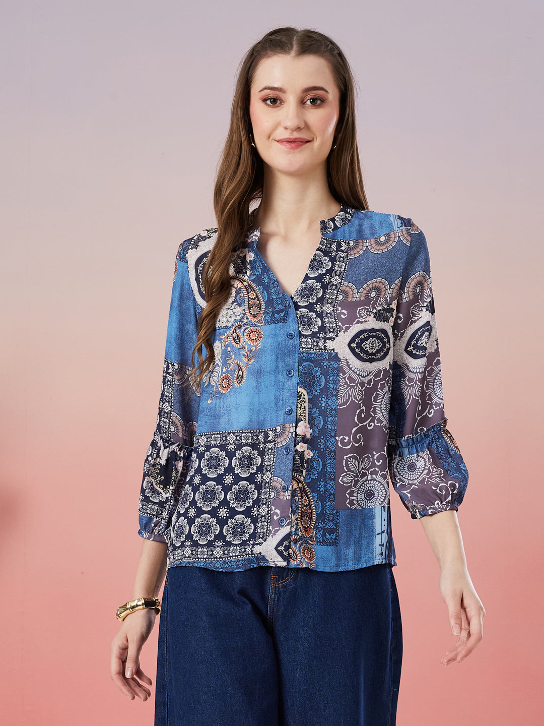 Latin Quarters Women's Blue Printed 3/4th Sleeve Mandarin Neck Casual Shirt