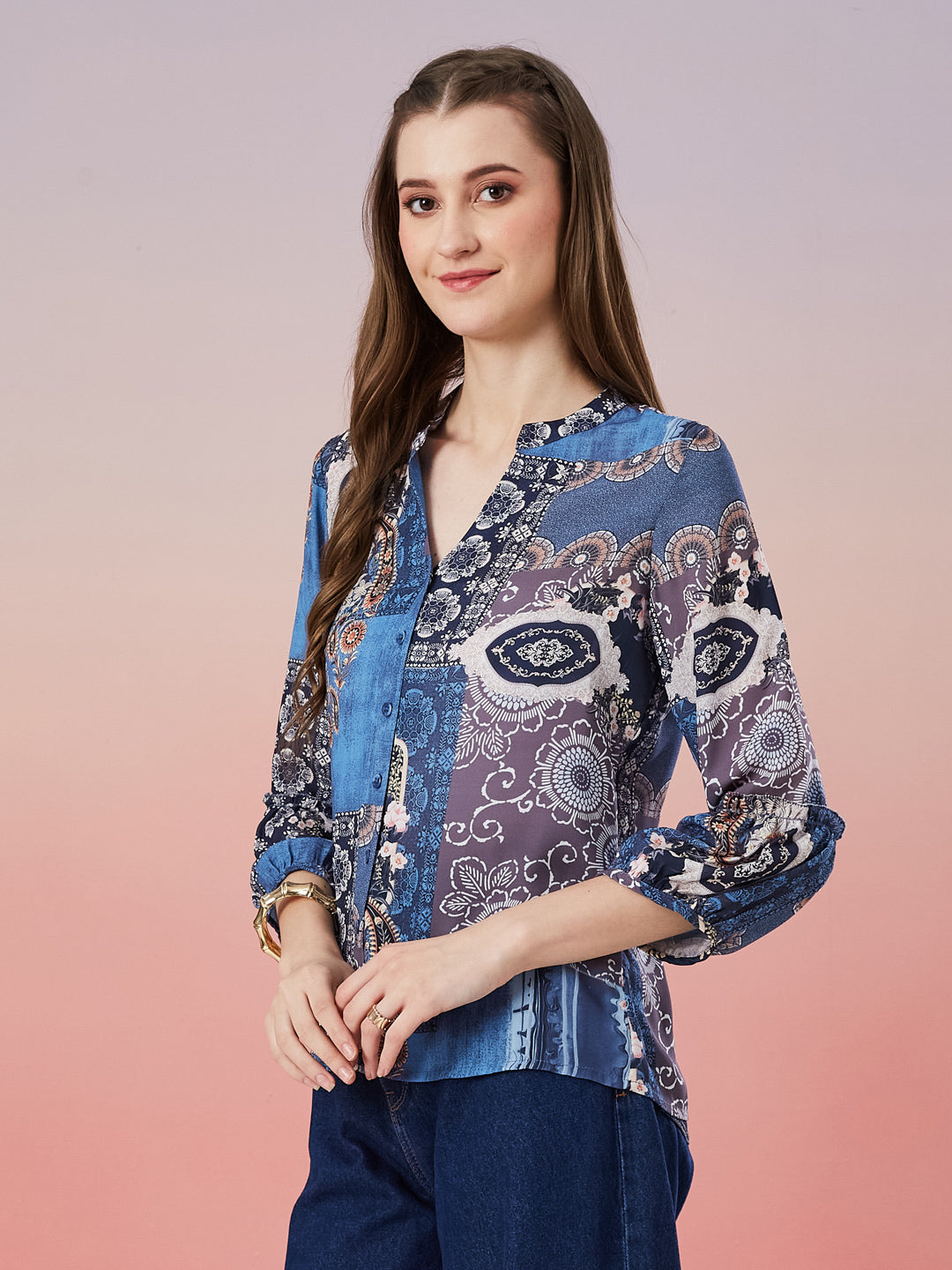 Latin Quarters Women's Blue Printed 3/4th Sleeve Mandarin Neck Casual Shirt