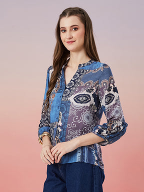 Latin Quarters Women's Blue Printed 3/4th Sleeve Mandarin Neck Casual Shirt
