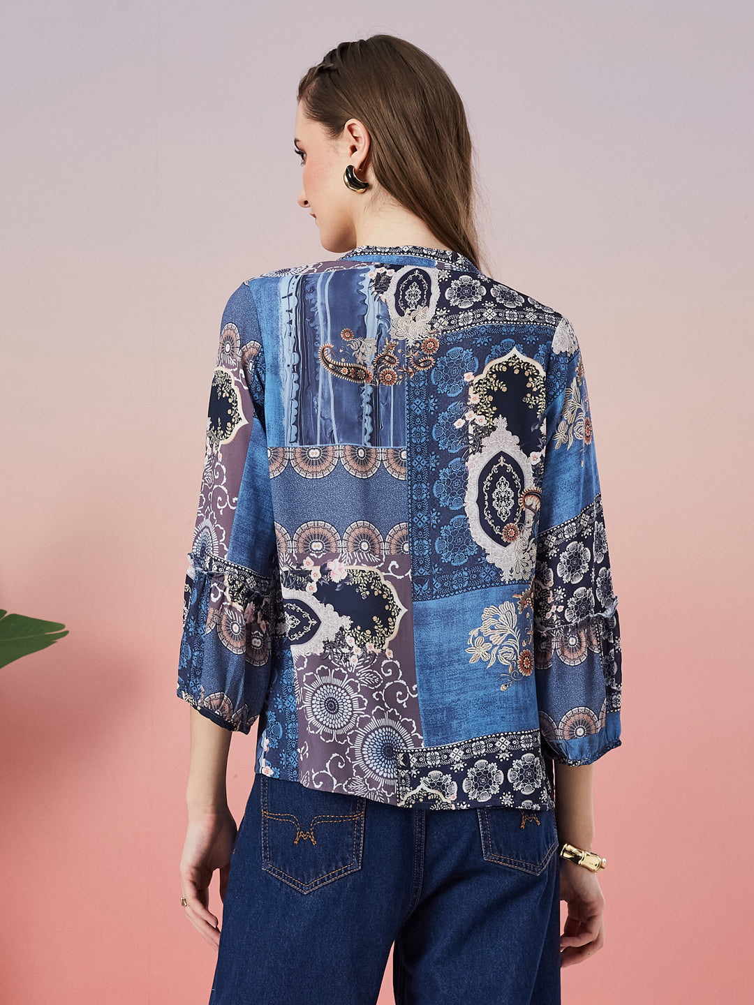 Latin Quarters Women's Blue Printed 3/4th Sleeve Mandarin Neck Casual Shirt