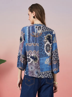 Latin Quarters Women's Blue Printed 3/4th Sleeve Mandarin Neck Casual Shirt