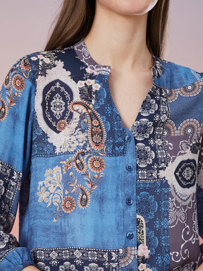 Latin Quarters Women's Blue Printed 3/4th Sleeve Mandarin Neck Casual Shirt