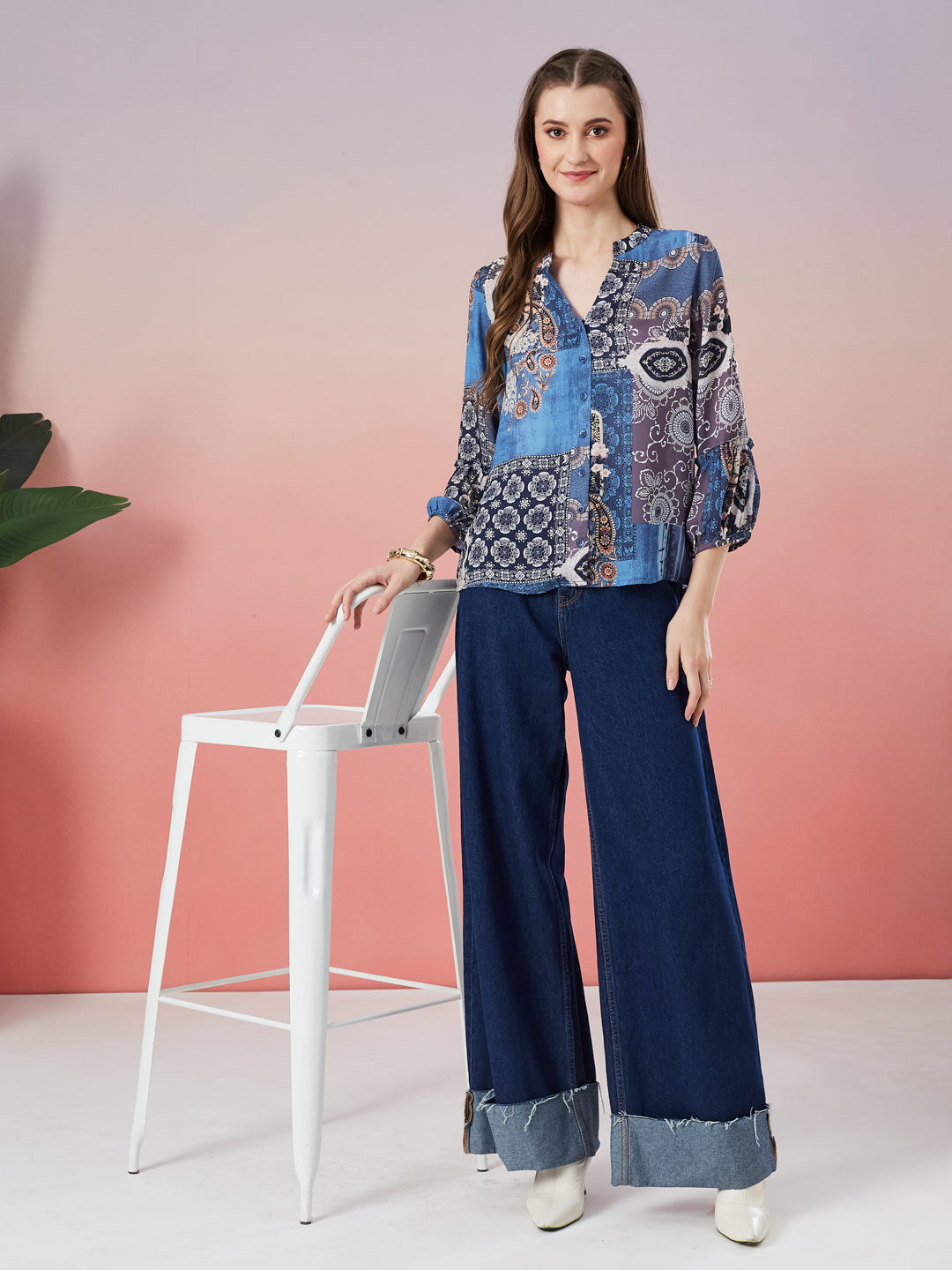 Latin Quarters Women's Blue Printed 3/4th Sleeve Mandarin Neck Casual Shirt