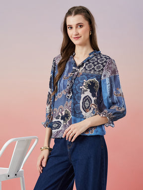 Latin Quarters Women's Blue Printed 3/4th Sleeve V-Neck Casual Top