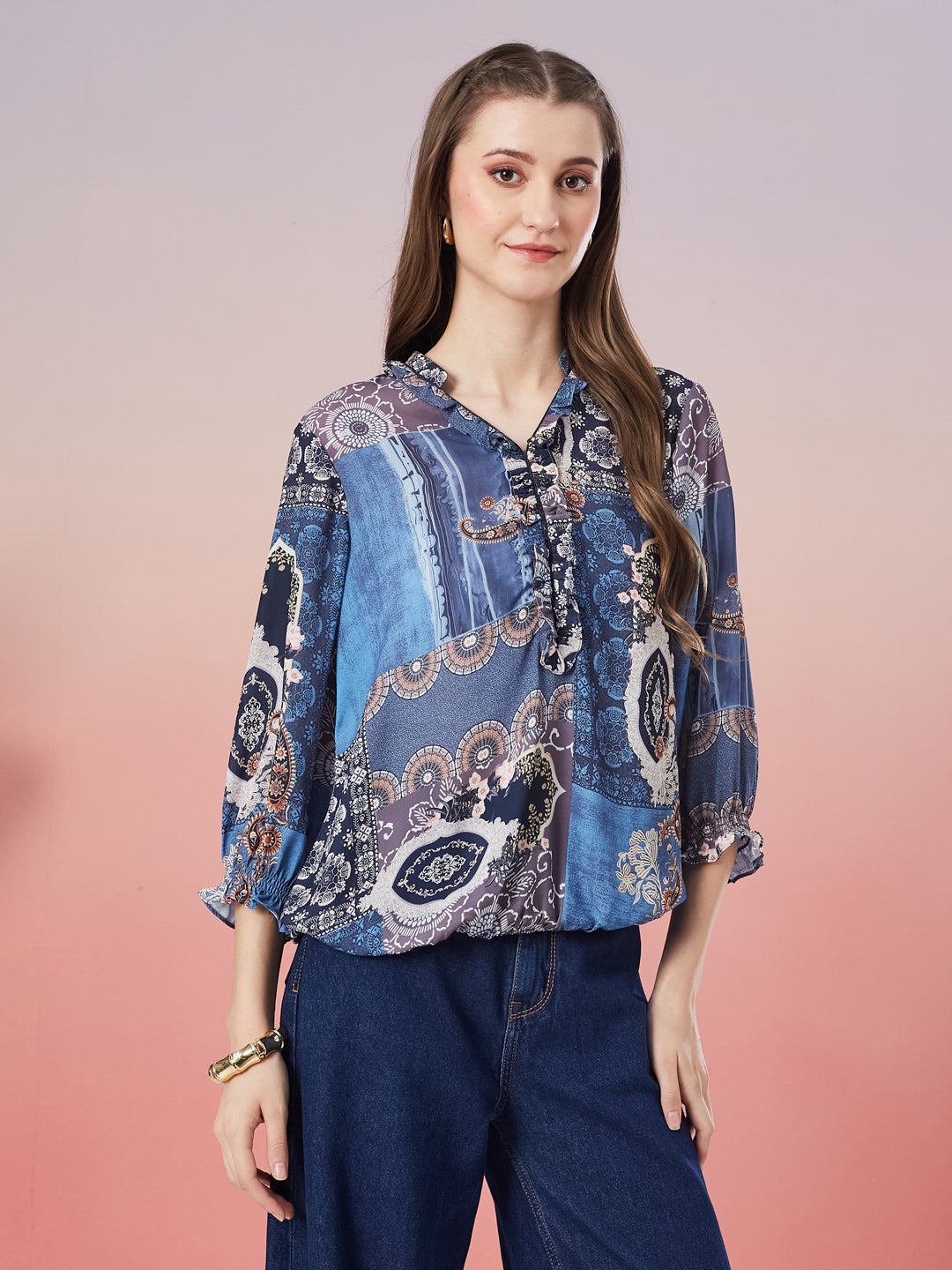 Latin Quarters Women's Blue Printed 3/4th Sleeve V-Neck Casual Top