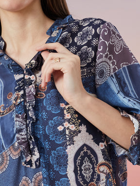 Latin Quarters Women's Blue Printed 3/4th Sleeve V-Neck Casual Top