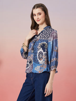 Latin Quarters Women's Blue Printed 3/4th Sleeve V-Neck Casual Top
