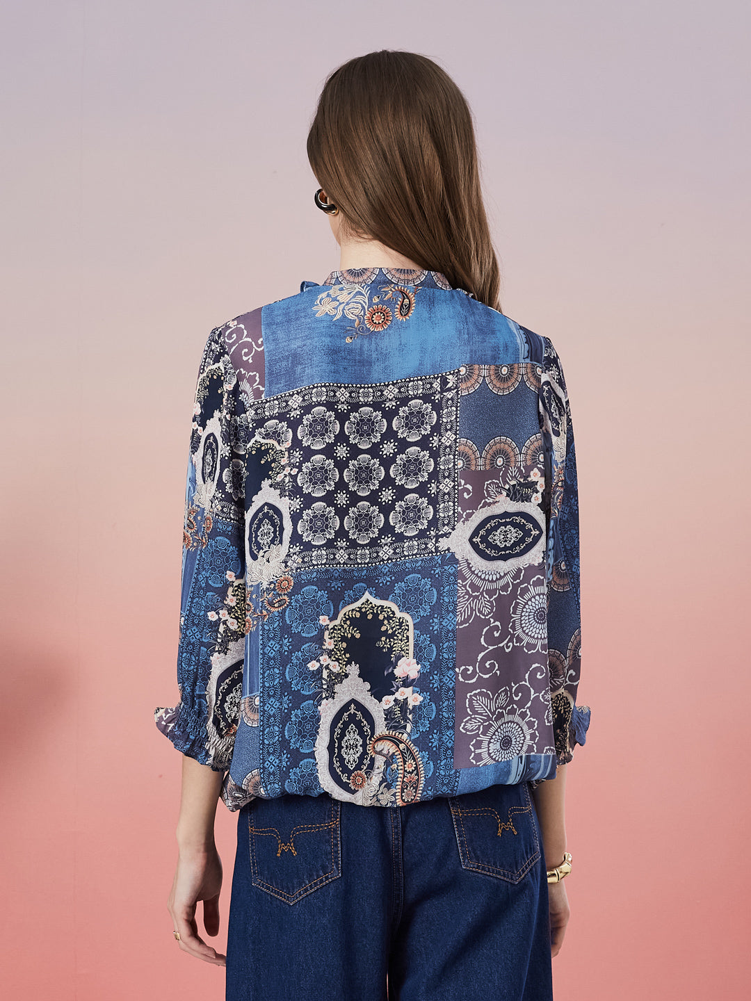 Latin Quarters Women's Blue Printed 3/4th Sleeve V-Neck Casual Top