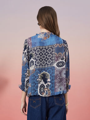 Latin Quarters Women's Blue Printed 3/4th Sleeve V-Neck Casual Top