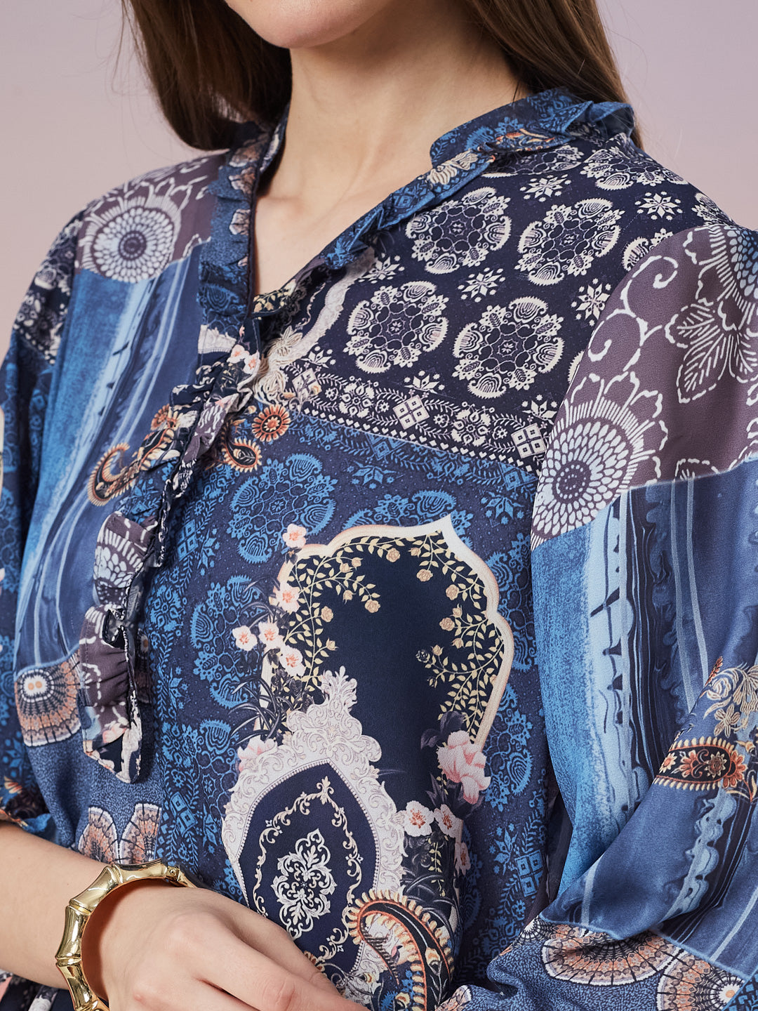 Latin Quarters Women's Blue Printed 3/4th Sleeve V-Neck Casual Top