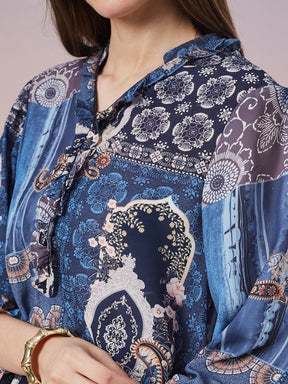 Latin Quarters Women's Blue Printed 3/4th Sleeve V-Neck Casual Top