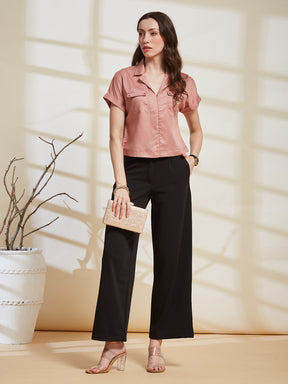 Latin Quarters Women's Pink Solid Collared Cap Sleeve Casual Shirt