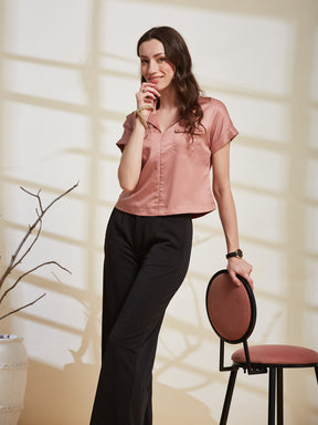 Latin Quarters Women's Pink Solid Collared Cap Sleeve Casual Shirt