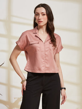 Latin Quarters Women's Pink Solid Collared Cap Sleeve Casual Shirt