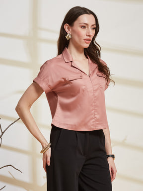 Latin Quarters Women's Pink Solid Collared Cap Sleeve Casual Shirt