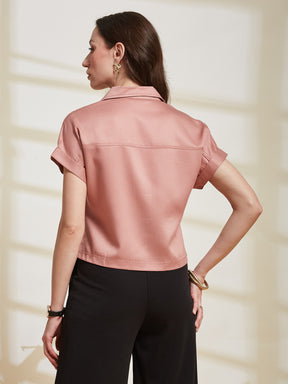 Latin Quarters Women's Pink Solid Collared Cap Sleeve Casual Shirt