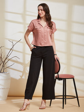 Latin Quarters Women's Pink Solid Collared Cap Sleeve Casual Shirt